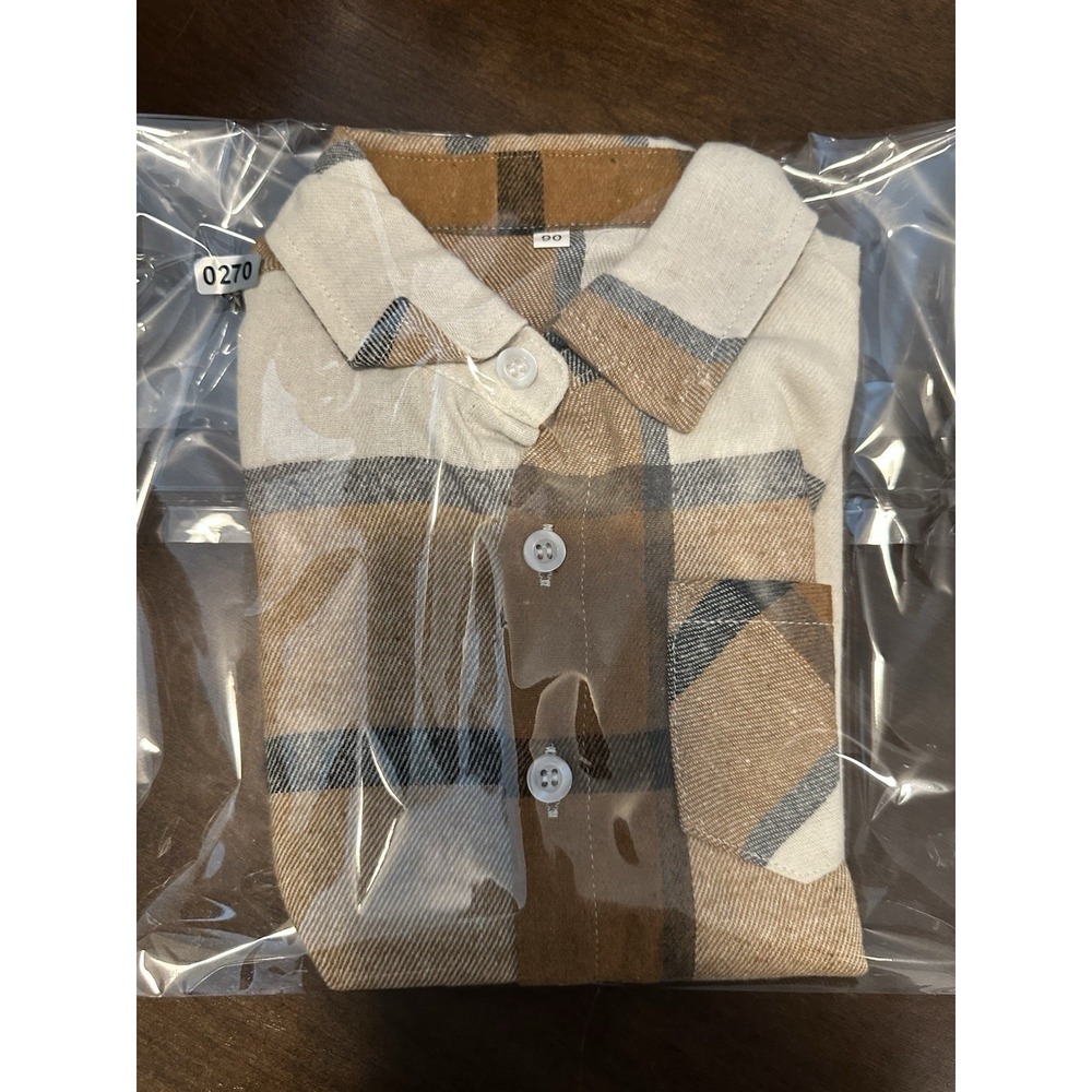 Boys Plaid Button Up Shirt Size 2T Brown Beige Short Sleeve Pocket Casual Trendy - Picture 7 of 7